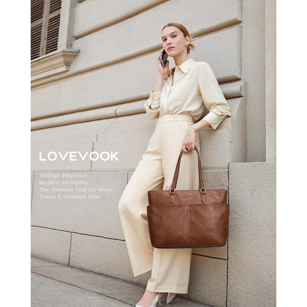 Work Tote Bags for Women, Vintage Leather 15.6 Inch Laptop Bag with - Picture 2 of 6